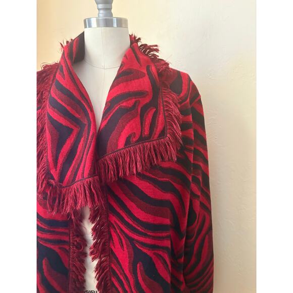 Chico's Red Black Animal Print Fringe Cardigan Open Front Sweater Jacket Size L - Picture 2 of 5